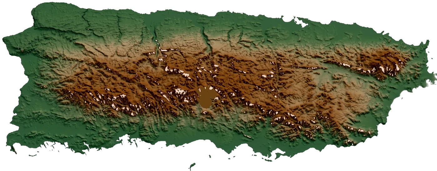 Mapa topográfico de Puerto Rico — Cordillera Central, en verde y dorado